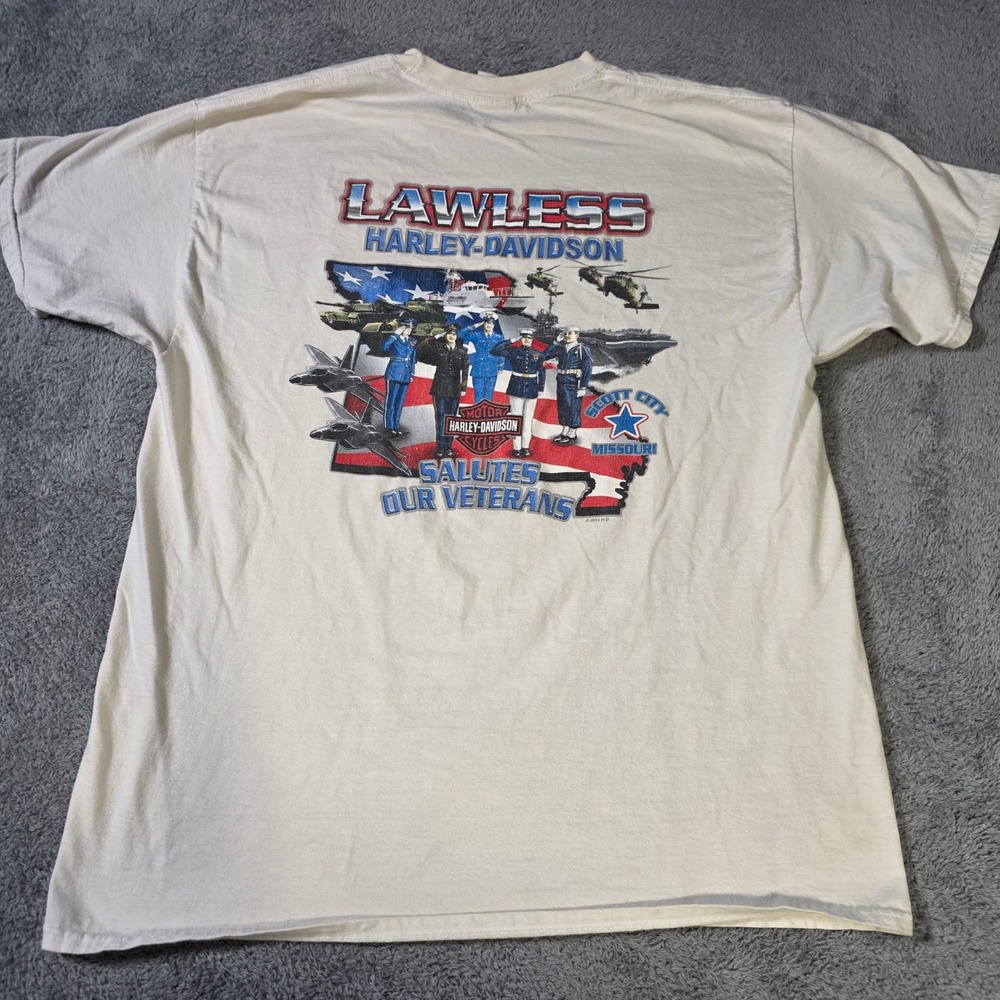 Harley-Davidson Mens 2XL T-Shirt Cream Lawless Salutes Our Veterans Graphic 2014